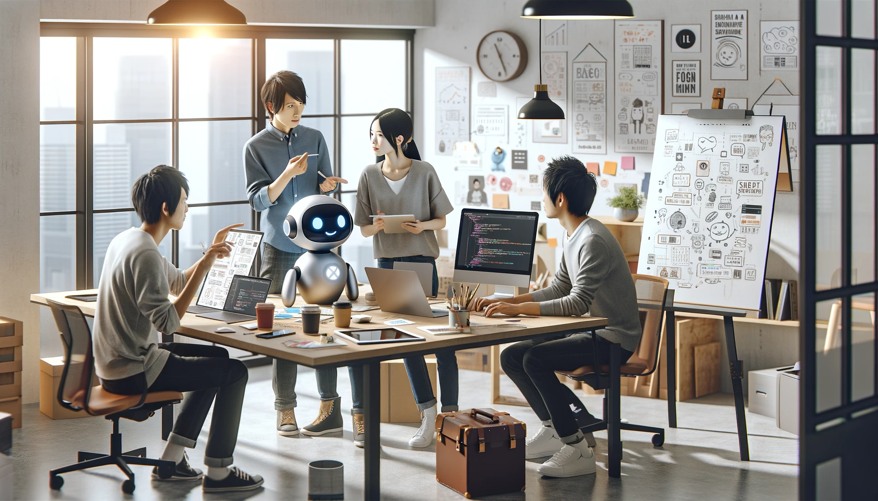 DALL·E 2024-05-16 16.01.54 - A small team of Japanese developers and designers in a modern office setting, working hard and brainstorming to create a chatbot. The team consists of.webp