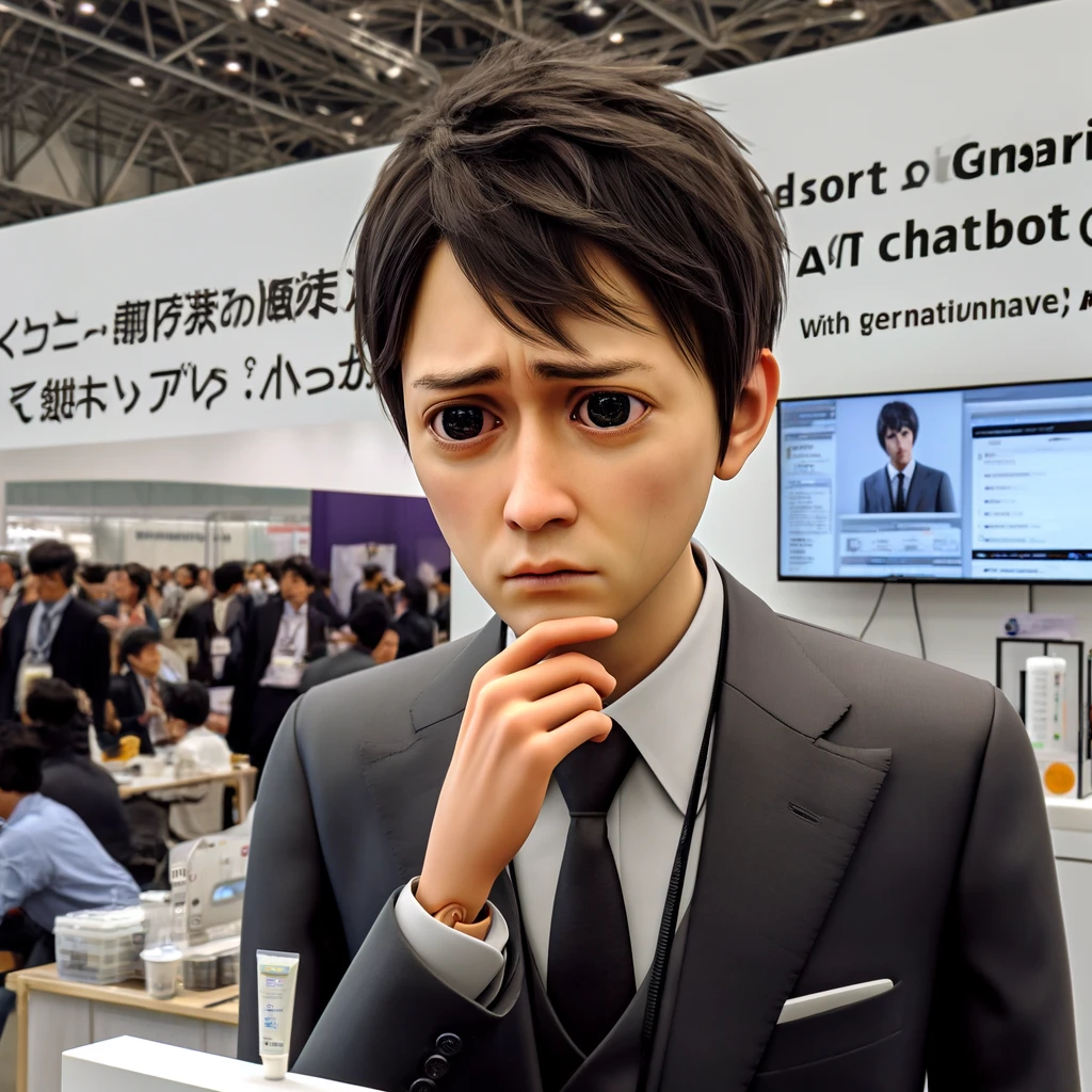 DALL·E 2024-06-12 13.15.39 - A Japanese man with a realistic, troubled, and confused expression is standing at a booth introducing a generative AI chatbot event service. The booth.webp
